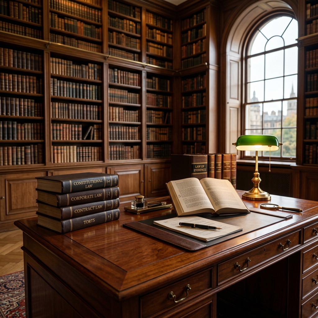 Lawyer's mahogany desk with Constitutional Law and Corporate Law books